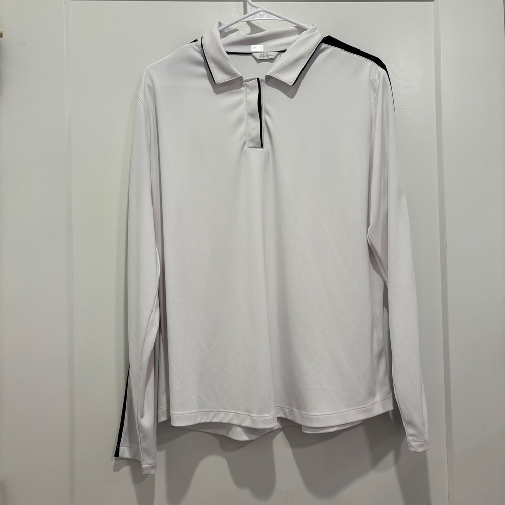 Lady Hagen White Long Sleeve Golf Polo Shirt Navy Trim Mens XL Performance Top